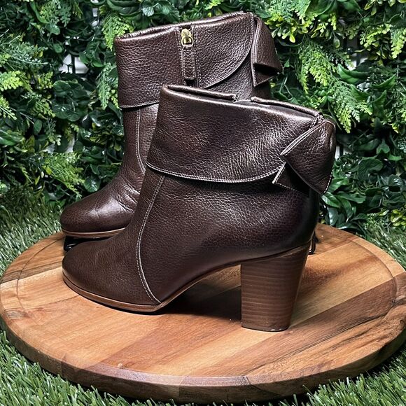 KATE SPADE NEW YORK Bootie Women 9 1/2 Brown Lanise Bow Back‎ Leather Ankle 1839 - Picture 5 of 13